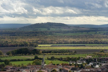 France, Meuse, Lorraine Regional Park, Cotes de Meuse, Vigneulles-les-Hattonchatel,  TGV (high-speed train) crossing the plain of Woevre and the Butte Montsec American Monument in the background