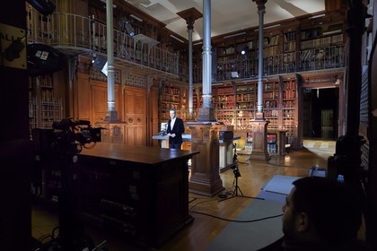 France, Paris, the National Archives, Grands dépots (Large deposits), iron cupboard room, filming of the television show The shadow of a doubt presented by the animator and journalist Franck Ferrand