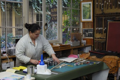 France, Paris, passage l'Homme (26 rue de Charonne), leather art work by Maris-Jeanne Greenaway