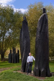 France, Marne, Beaumont-sur-Vesle, the sculptor Christian Lapie surrounded by his sculptures in his external workshop