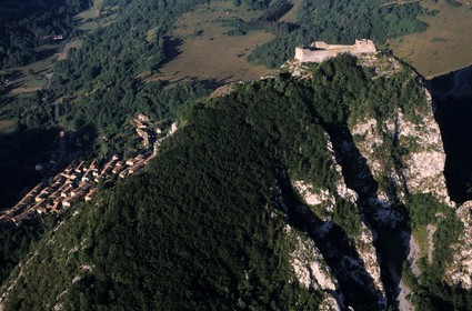 France, Ariege, Pays d' Olmes, Cathar Castle of Montsegur perched on rock (aerial view)