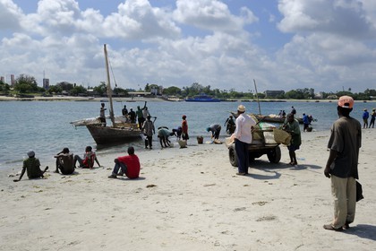 Tanzanie, Dar es-Salaam, arrivée d'un bateau de pêche sur la plage devant le marché aux poissons de Kivukoni