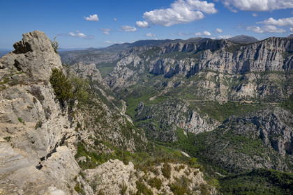 France, Var on the Left Bank and Alpes de Haute Provence on the Right Bank, Parc Naturel Regional du Verdon, the Verdon Gorge opening onto Lake St. Croix seen from the Col d'Illoire