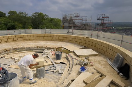 France, Indre et Loire, Loire Valley listed as World Heritage by UNESCO, Chinon, castle, Fabrice Maingrand stonemason on the dungeon Coudray