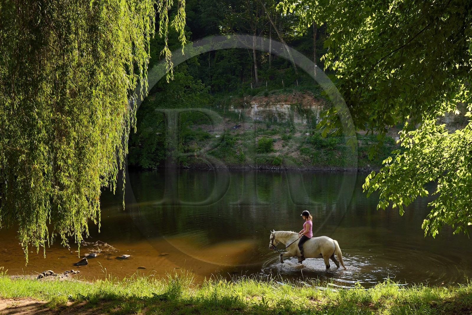 France, Dordogne, Perigord Noir, Vezere Valley, Saint Leon sur Vezere, labelled Les Plus Beaux Villages de France (The Most Beautiful Villages of France), a rider on the banks of the Vezere river