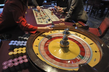 France, Calvados, Pays d'Auge, Deauville, the casino (Barriere group), English roulette wheel table