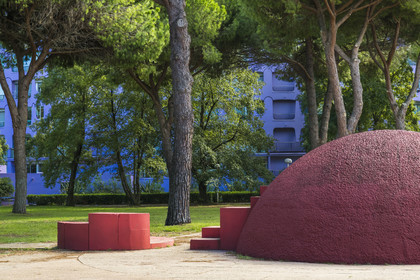 France, Herault, La Grande-Motte, labeled 20th century heritage, Couchant (setting sun) district west of the port, place du Cosmos and the Paradis du Soleil building by architects Jean Balladur and Jean-Bernard Tostivint