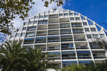France, Herault, La Grande-Motte, labeled 20th century heritage, Couchant (setting sun) district west of the port, the Equateur building by architect Robert Dussud, belonging to the so called bishops bonnet female architectural style