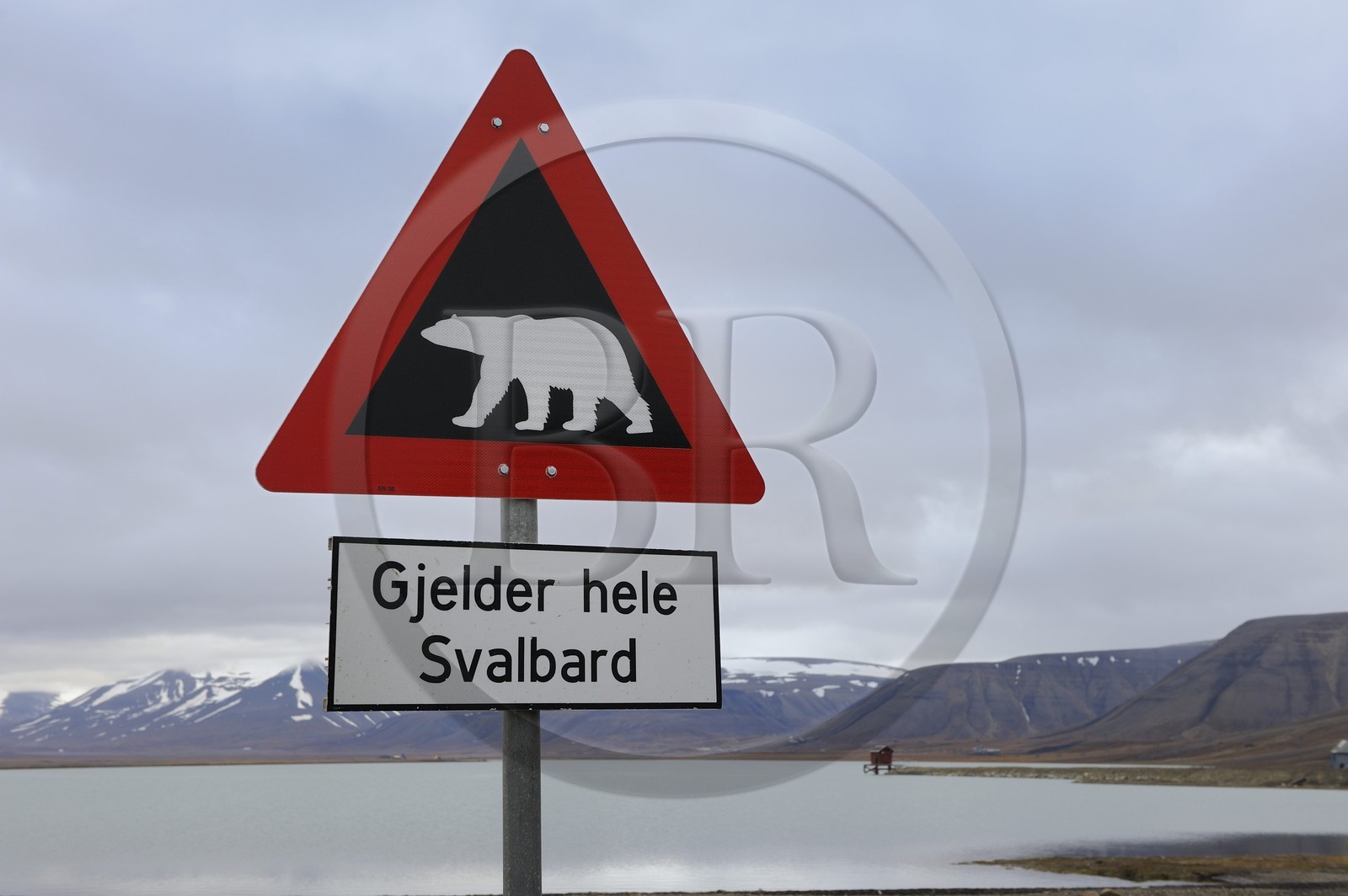 Norvège, Svalbard (Spitzberg), Longyearbyen, panneau de signalisation d'ours blanc