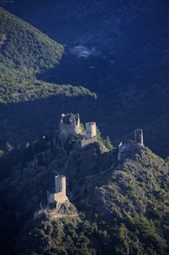 France, Aude, ruins of the Lastours castle (aerial view)