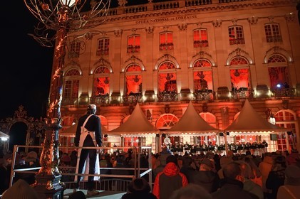 France, Meurthe-et-Moselle, Nancy, place Stanislas (former Place Royale) during the feast of Saint-Nicolas, listed as World Heritage by UNESCO, the Fanfare des Enfants du Boucher (Butcher's Children's Marching Band) plays from the Opera National de Lorraine