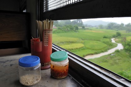 Vietnam, day train from Lao Cai to Hanoi, the restaurant carriage and northern landscape