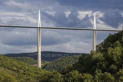 France, Aveyron, Grands Causses regional natural park, Peyre, the Millau viaduct by architects Michel Virlogeux and Norman Foster, between the Causse du Larzac and the Causse de Sauveterre above the Tarn river