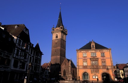 France, Bas Rhin, Obernai, market place (town hall and chapel tower)