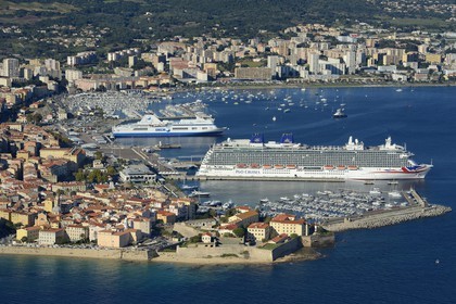 France, Corse du Sud, Ajaccio, the citadel in the old town and the harbor (aerial view)