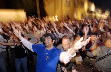 Poland, Lesser Poland region, Krakow, dance in the street at the time of the international festival of Jewish music in the Jewish district of Kazimierz