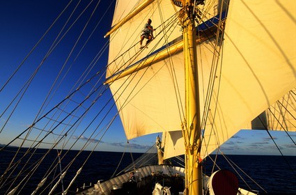 Caribbean Sea, the Five Masted Ship SPV Royal Clipper in Full Sails, a Sailor Climbs into the Sails
