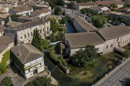 France, Vaucluse, L'Isle sur la Sorgue, Brun de Vian-Tiran Factory, wool textile industry (aerial view)