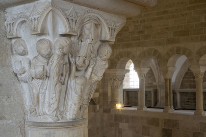 France, Yonne, regional natural park of Morvan, Vézelay, a UNESCO World Heritage site, labelled Les Plus Beaux Villages de France, starting point of one of the main ways to Santiago de Compostela, the Basilica of Saint Mary Magdalene, stands of the narthex capital, the ascension of Christ