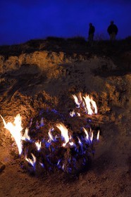 Azerbaijan, Baku, Absheron Peninsula, Yanar Dag meaning burning mountain is a natural gas fire which blazes continuously on a hillside