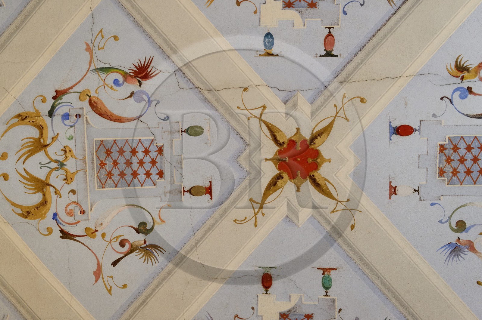 France, Haute-Corse (2B), Cap Corse, Sisco, le palais Gaspari-Ramelli (Palazzi ou Maison d'Americain), plafond décoré d'une chambre