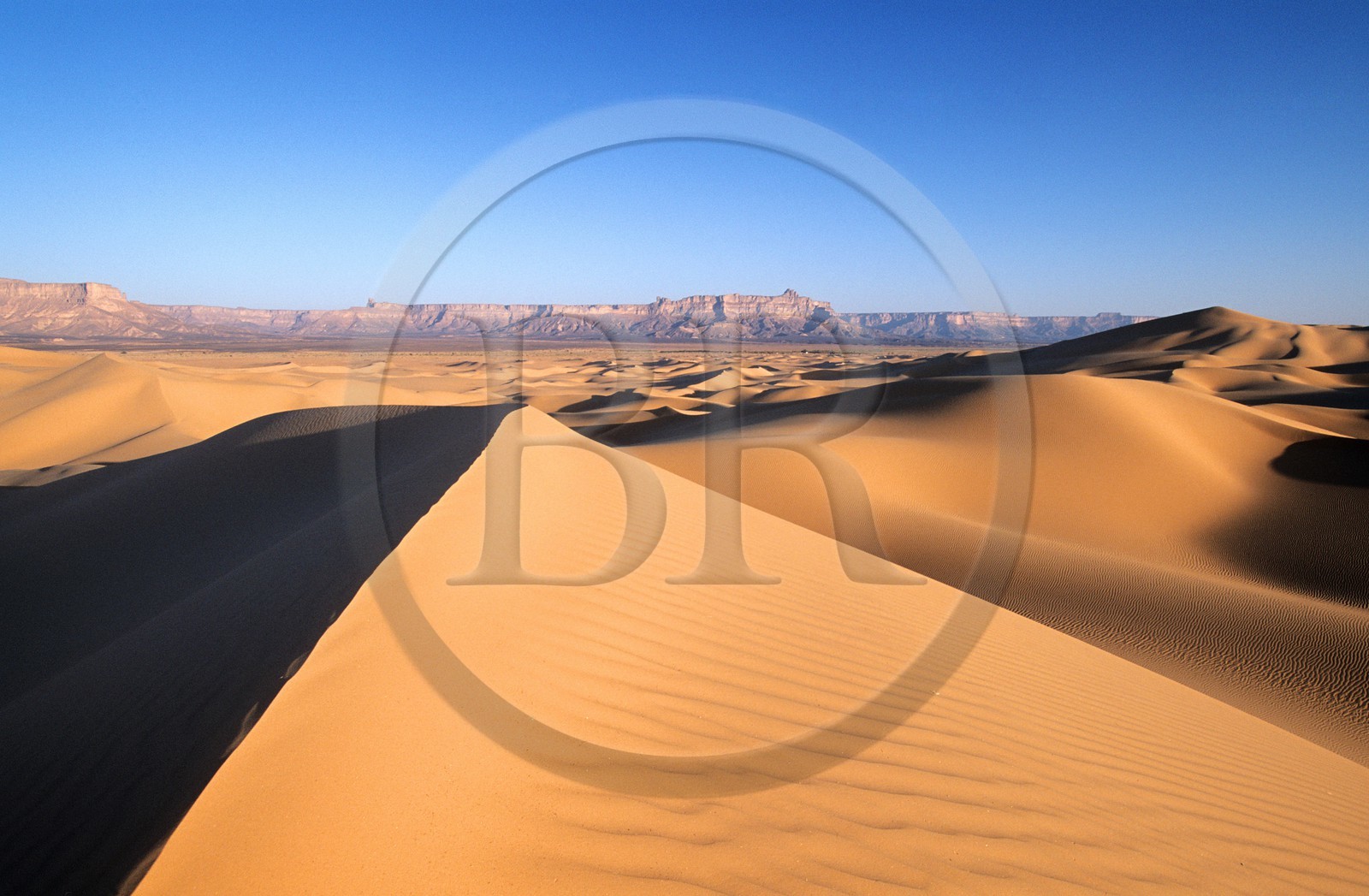 Libye, région du désert, Le Fezzan (Sahara), dunes et hautes corniches de grès de la Tadrart au nord-est de Ghat