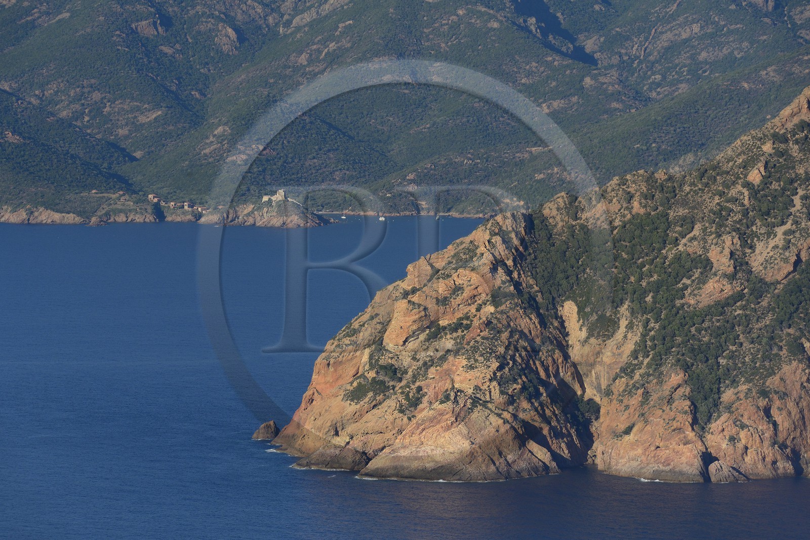 France, Corse-du-Sud (2A), Golfe de Girolata, classé Patrimoine Mondial de l'UNESCO, et le Capo Senino au premier plan (vue aérienne)