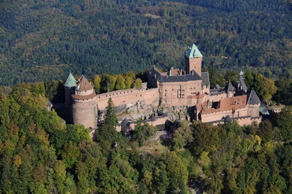 France, Bas Rhin, Orschwiller, Alsace Wine Road, Haut Koenigsbourg Castle in the Vosges forest (aerial view)