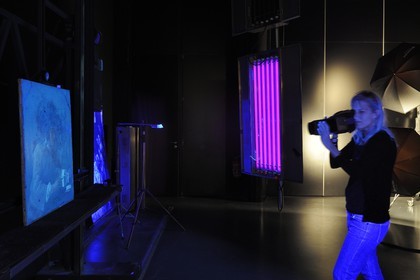 France, Paris, Centre for Research and Restoration of the Museums of France (C2RMF for Centre de recherche et de restauration des musées de France), the painting le Château de Cartes (1737) from Chardin then observed and photographed under UV