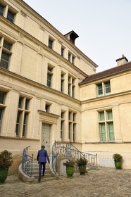 France, Aisne, Château-Thierry, Jean de La Fontaine Museum - city of Chateau-Thierry in the birthplace of the poet and writer, the Renaissance facade and the steps on the courtyard side