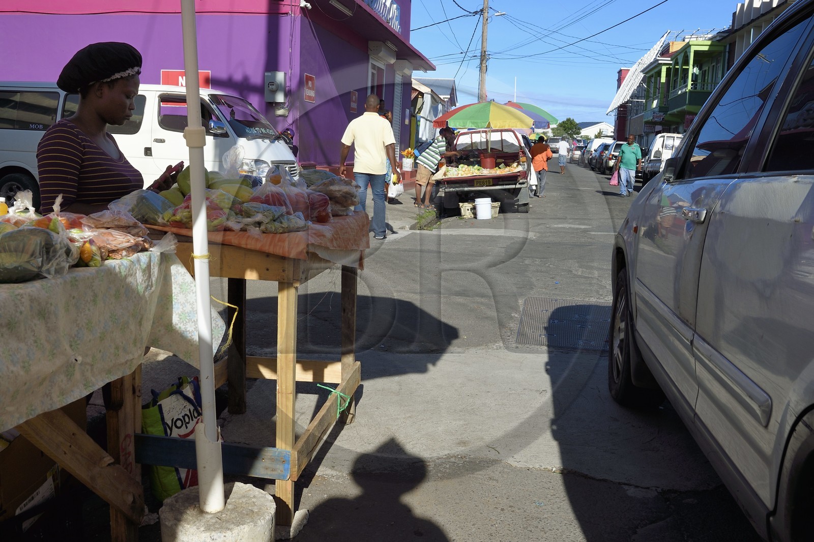 Caraïbes, Ile de la Dominique, la capitale Roseau, vente à l'étal de fruits et légumes aux abords du marché centrale