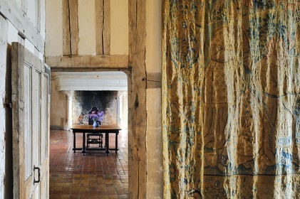 France, Cote d'Or, Chateauneuf en Auxois, labelled Les Plus Beaux Villages de France (The Most Beautiful Villages of France), the castle, the Grand Logis, tapestry room