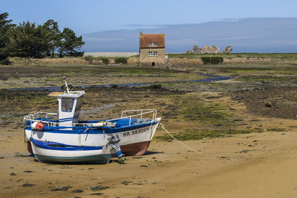 France, Côtes-d'Armor (22), Côte d'Ajoncs, Penvénan, moulin à marée de l'Ile Balanec à marée basse