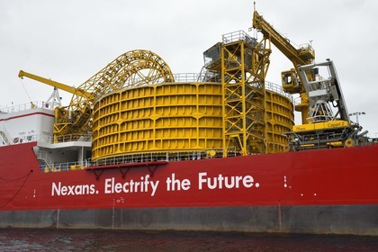 Norway, Ostfold County, Halden, Nexans Aurora cable-laying vessel, vessel for laying electric cables, connecting and repairing these cables, the turntable which has the capacity to carry up to 10,000 tonnes of submarine cables
