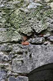 France, Dordogne, White Perigord, Perigueux, district of La Cité or also of Vesone, ruins of the Barriere castle, detail of a Roman stone reused