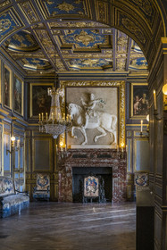 France, Seine-et-Marne, Fontainebleau, castle of Fontainebleau listed as World Heritage by UNESCO, the second Saint-Louis room or Salon du Donjon, the oldest room in the chateau, where the Languedoc marble fireplace decorated with an equestrian bas-relief representing Henri IV, made around 1600 by Matthieu Jacquet, has been moved