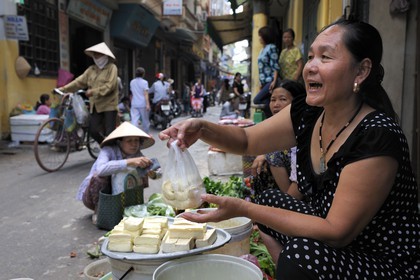 Vietnam, Hanoï, quartier Le Duan dans la vieille ville, rue commerçante, vente de Tofu