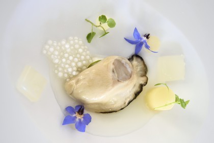 France, Alpes-Maritimes (06), Menton, Restaurant Le Mirazur du Chef doublement étoilé Michelin Mauro Colagreco, huitre Gillardeau avec carpaccio de poire et perles du japon (tapioca)