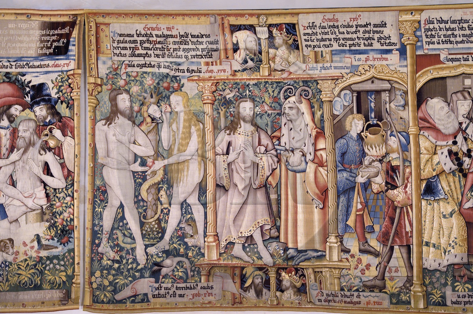 France, Haute Loire, Livradois Forez Regional Natural Park (Parc naturel régional Livradois-Forez), the Chaise-Dieu abbey, tapestries of the choir curtain, set of 14 Flemish tapestries made in the 16th century depicting biblical stories from the Old and New Testaments, the temptation of Christ in the desert is surrounded by that of Adam and Eve on the left and that of Esau on the right