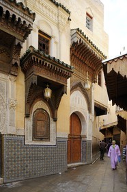 Maroc, Moyen Atlas, Fès, ville impériale, médina classée Patrimoine Mondial de l'UNESCO, Fès el Bali, la mosquée funéraire Zaouïa de Sidi Ahmed Tijani, plâtre sculpté et zelliges de l'entrée latérale