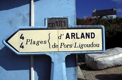 France, Finistere, Ouessant island, road sign close to Lampaul village