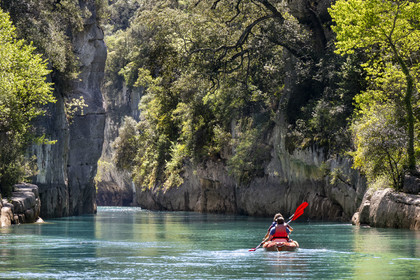Var on the Left Bank and Alpes de Haute Provence on the Right Bank, Parc Naturel Regional du Verdon, Basses Gorges du Verdon downstream of Lake St. Croix, discovery by kayak of the gorges de Baudinard