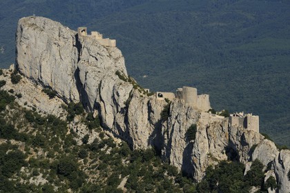 France, Aude, Peyrepertuse, the ruins of Cathar castle built in XIIth century (aerial view)