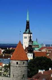 Estonia (Baltic States), Harju Region, Tallinn, European Capital of Culture 2011, the bell tower of St Olaf's Church dominates the old town's ramparts