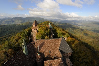 France, Bas Rhin, Orschwiller, Alsace Wine Road, Haut Koenigsbourg Castle, the great Bastion overlooking the forest around and the upper garden
