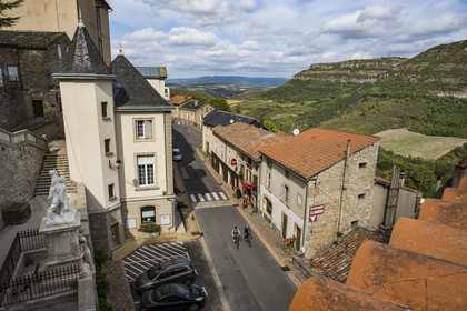 France, Aveyron, Grands-Causses Regional Nature Park, Roquefort sur Soulzon, cyclists on the Brebis Cyclette tourist cycle route in the Pays de Roquefort