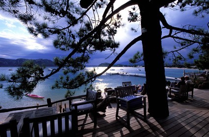 France, Corse du Sud, bay of Porto Vecchio, terrace of the Grand Hotel Cala Rossa