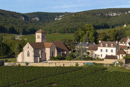 France, Cote d'Or, cultural Landscape of the climates of Burgundy listed as World Heritage by UNESCO, Route des Grands Crus (road of Vintage Wines), vineyard of the Côte de Nuits, Gevrey Chambertin, the Romanesque church of Saint-Aignan