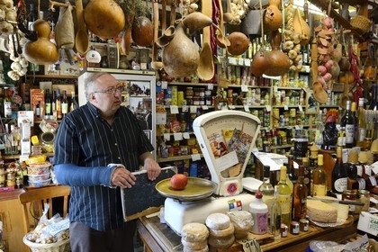 France, Haute Corse, Corte, the epicerie Casa Curtinese hold by Jean-Marie Ghionga, a shop of corsican specialities