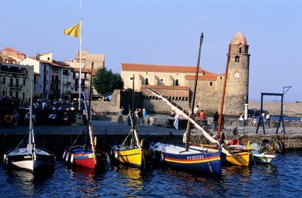 France, Pyrenees Orientales, Collioure, Catalan boats in front of the church of Notre Dame des Anges